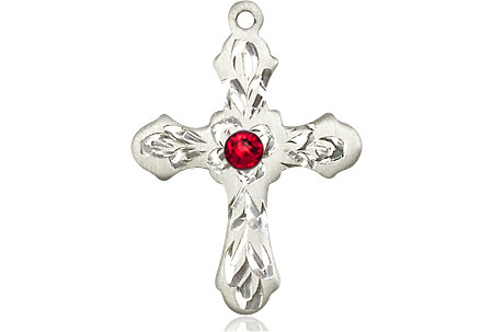 Sterling Silver Cross Medal with a 3mm Ruby Swarovski stone