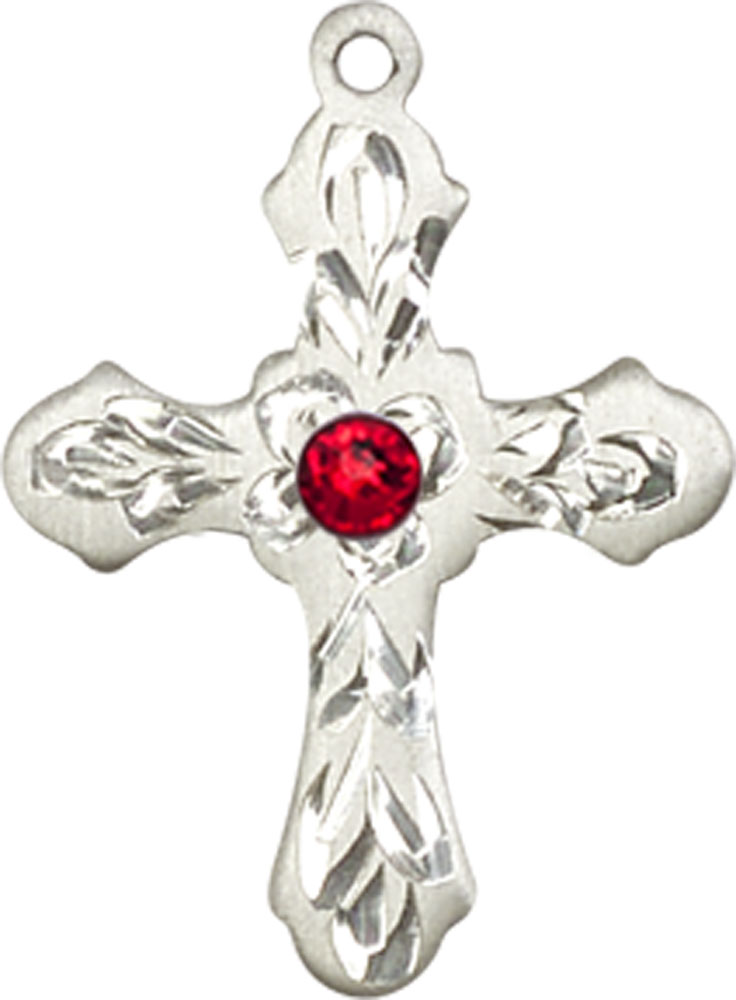 Sterling Silver Cross Medal with a 3mm Ruby Swarovski stone