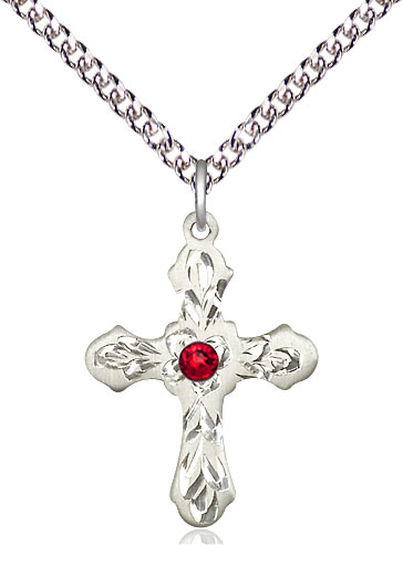 Sterling Silver Cross Pendant with a 3mm Ruby Swarovski stone on a 24 inch Sterling Silver Heavy Curb chain