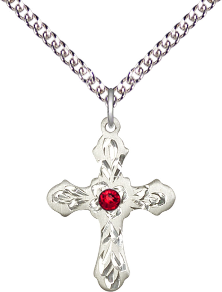 Sterling Silver Cross Pendant with a 3mm Ruby Swarovski stone on a 24 inch Sterling Silver Heavy Curb chain