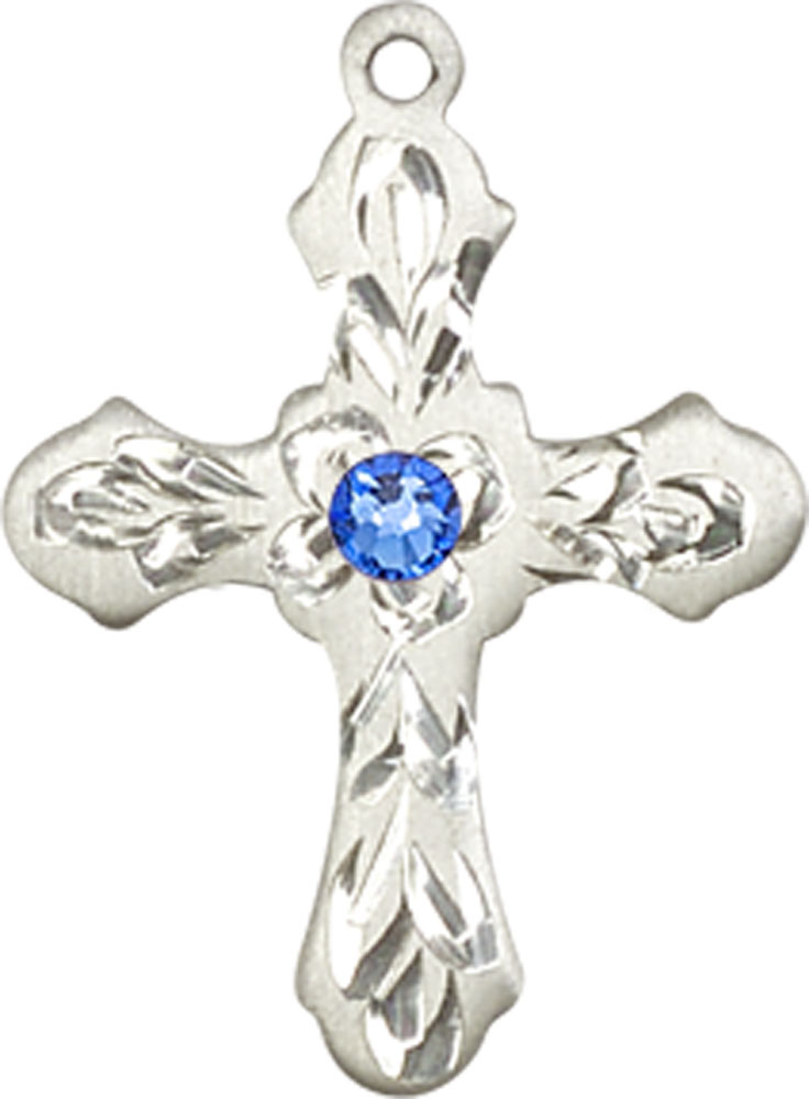 Sterling Silver Cross Medal with a 3mm Sapphire Swarovski stone