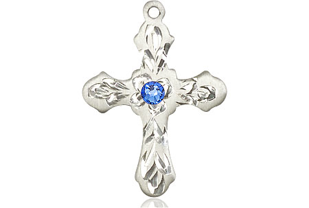 Sterling Silver Cross Medal with a 3mm Sapphire Swarovski stone