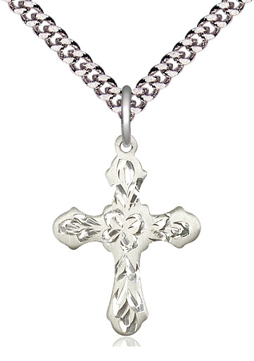 Sterling Silver Cross Pendant on a 24 inch Light Rhodium Heavy Curb chain