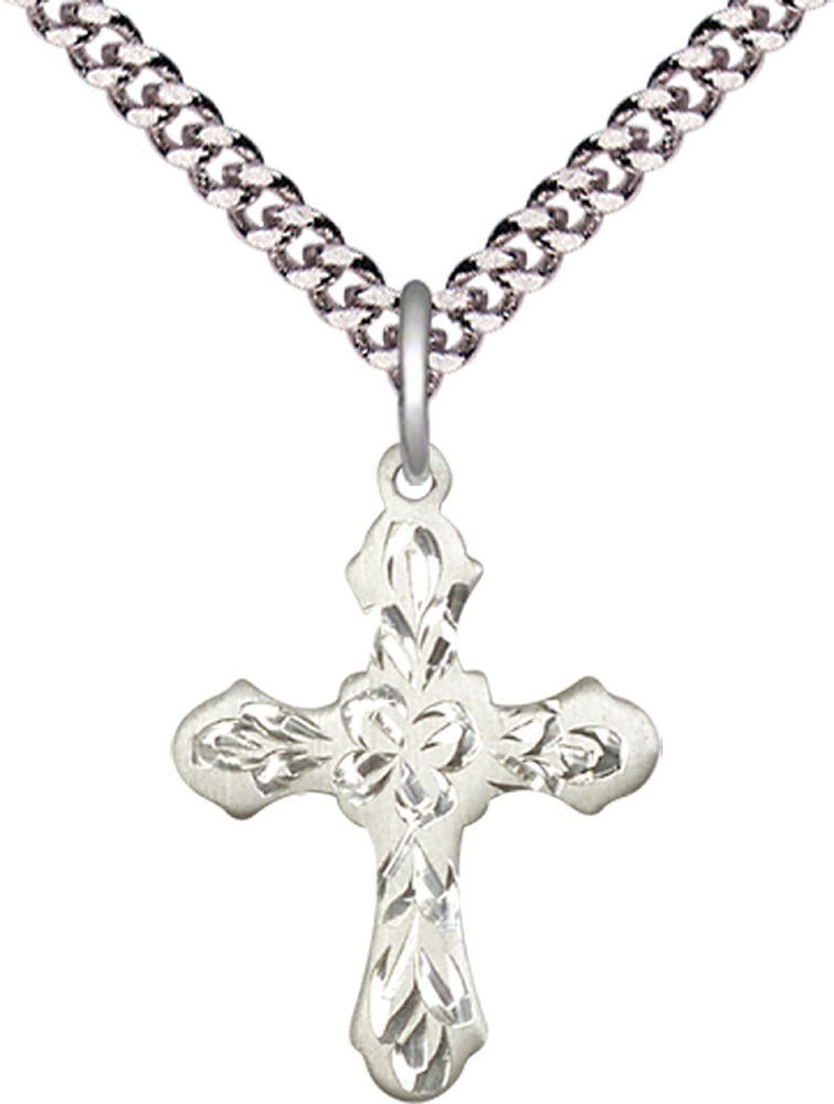 Sterling Silver Cross Pendant on a 24 inch Light Rhodium Heavy Curb chain