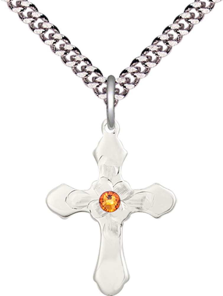 Sterling Silver Cross Pendant with a 3mm Topaz Swarovski stone on a 24 inch Light Rhodium Heavy Curb chain