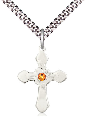 Sterling Silver Cross Pendant with a 3mm Topaz Swarovski stone on a 24 inch Light Rhodium Heavy Curb chain