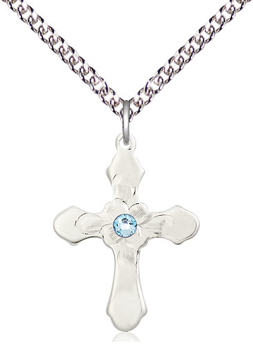 Sterling Silver Cross Pendant with a 3mm Aqua Swarovski stone on a 24 inch Sterling Silver Heavy Curb chain