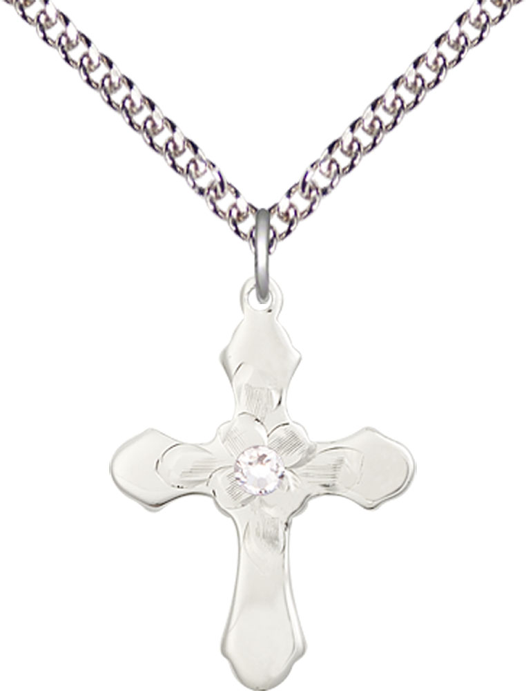 Sterling Silver Cross Pendant with a 3mm Crystal Swarovski stone on a 24 inch Sterling Silver Heavy Curb chain