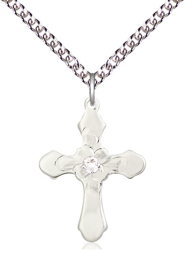 Sterling Silver Cross Pendant with a 3mm Crystal Swarovski stone on a 24 inch Sterling Silver Heavy Curb chain