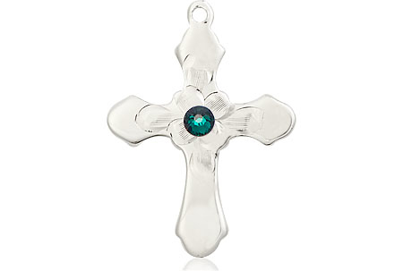 Sterling Silver Cross Medal with a 3mm Emerald Swarovski stone