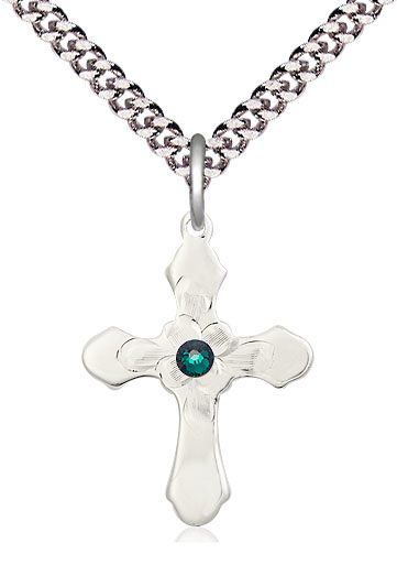 Sterling Silver Cross Pendant with a 3mm Emerald Swarovski stone on a 24 inch Light Rhodium Heavy Curb chain