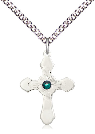 Sterling Silver Cross Pendant with a 3mm Emerald Swarovski stone on a 24 inch Sterling Silver Heavy Curb chain