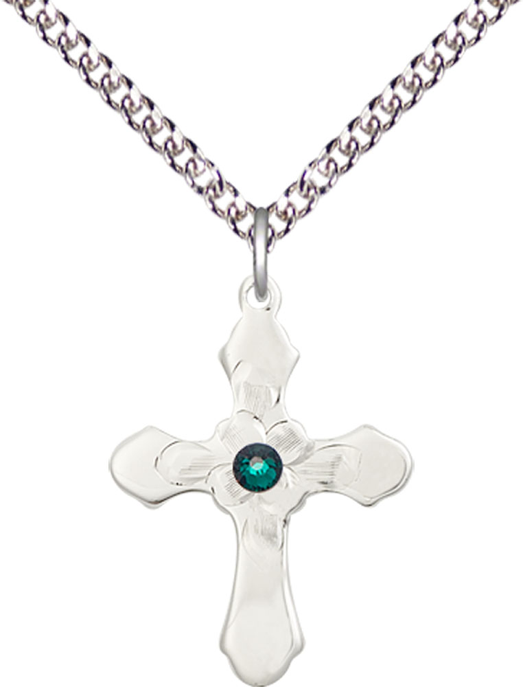 Sterling Silver Cross Pendant with a 3mm Emerald Swarovski stone on a 24 inch Sterling Silver Heavy Curb chain