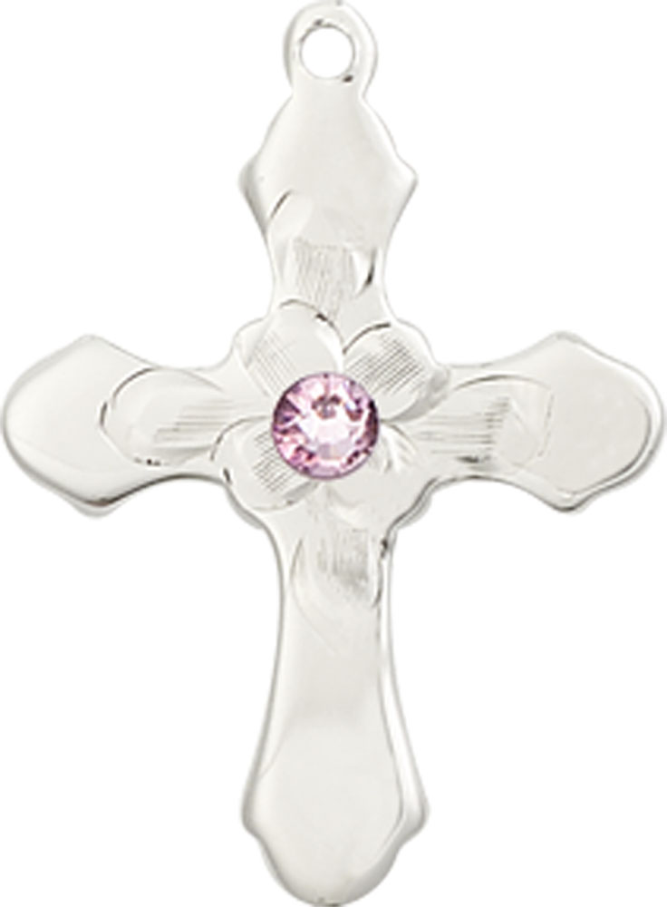 Sterling Silver Cross Medal with a 3mm Light Amethyst Swarovski stone