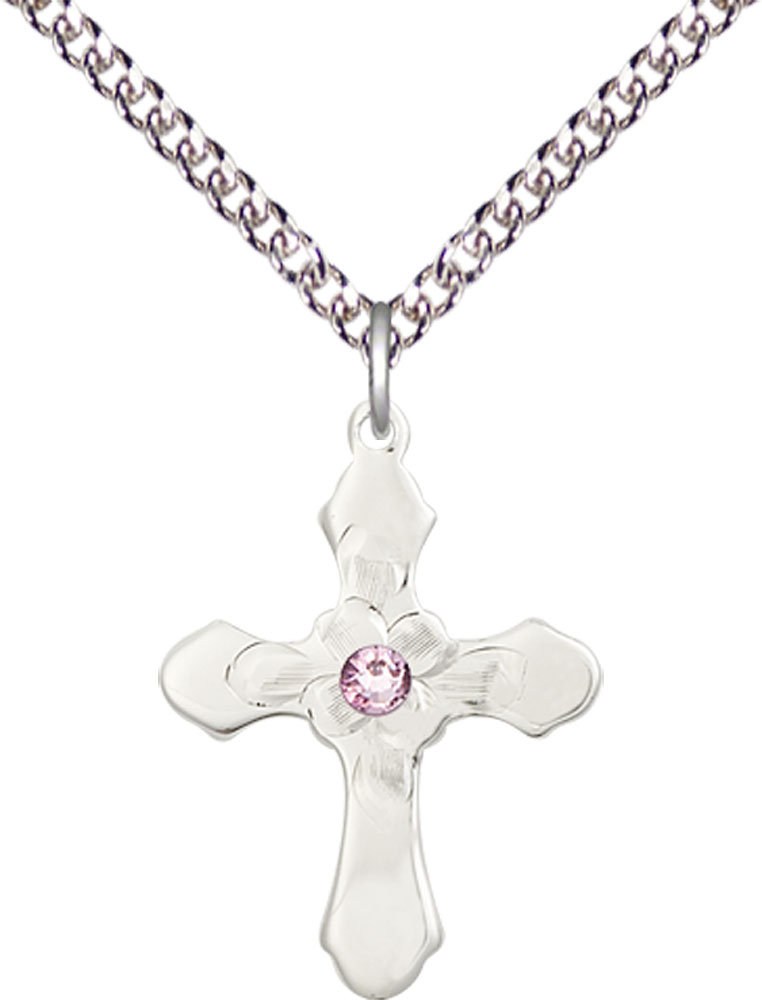 Sterling Silver Cross Pendant with a 3mm Light Amethyst Swarovski stone on a 24 inch Sterling Silver Heavy Curb chain