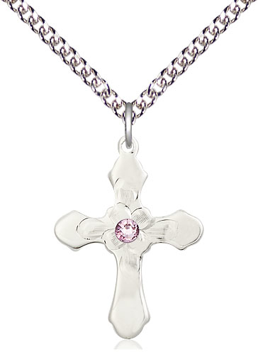 Sterling Silver Cross Pendant with a 3mm Light Amethyst Swarovski stone on a 24 inch Sterling Silver Heavy Curb chain