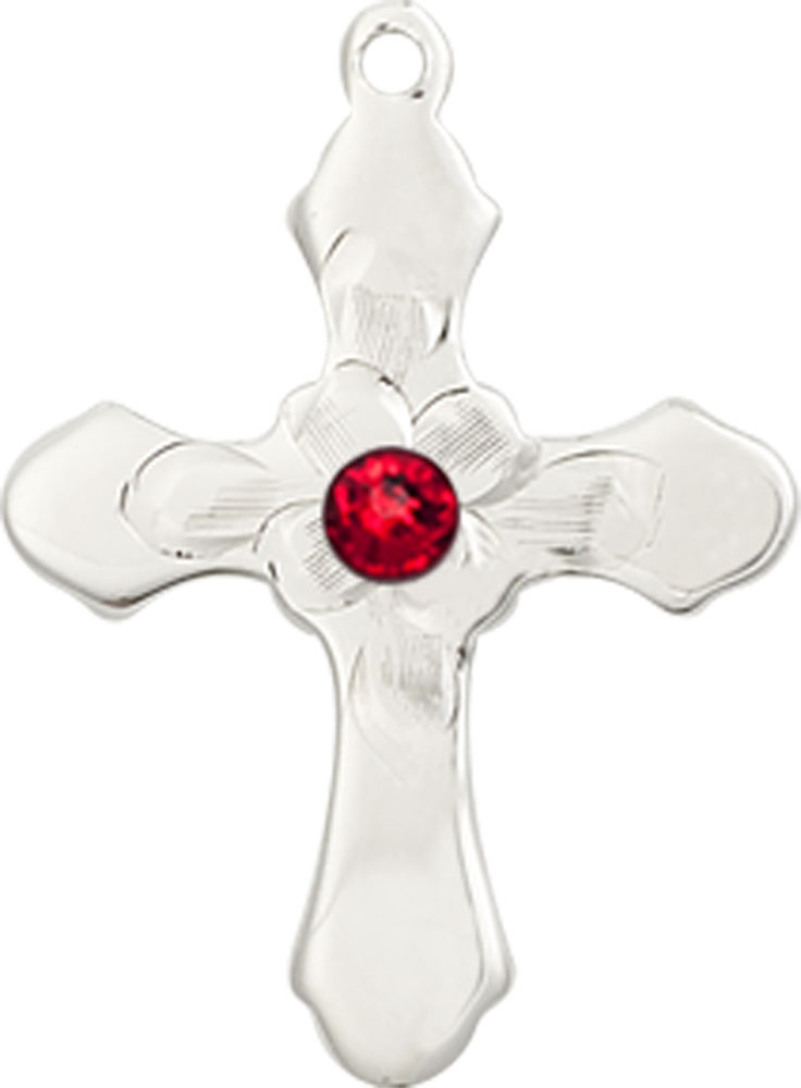 Sterling Silver Cross Medal with a 3mm Ruby Swarovski stone