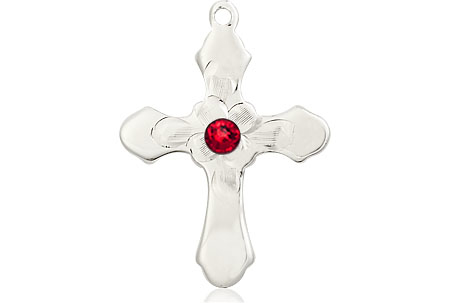 Sterling Silver Cross Medal with a 3mm Ruby Swarovski stone