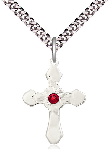 Sterling Silver Cross Pendant with a 3mm Ruby Swarovski stone on a 24 inch Light Rhodium Heavy Curb chain