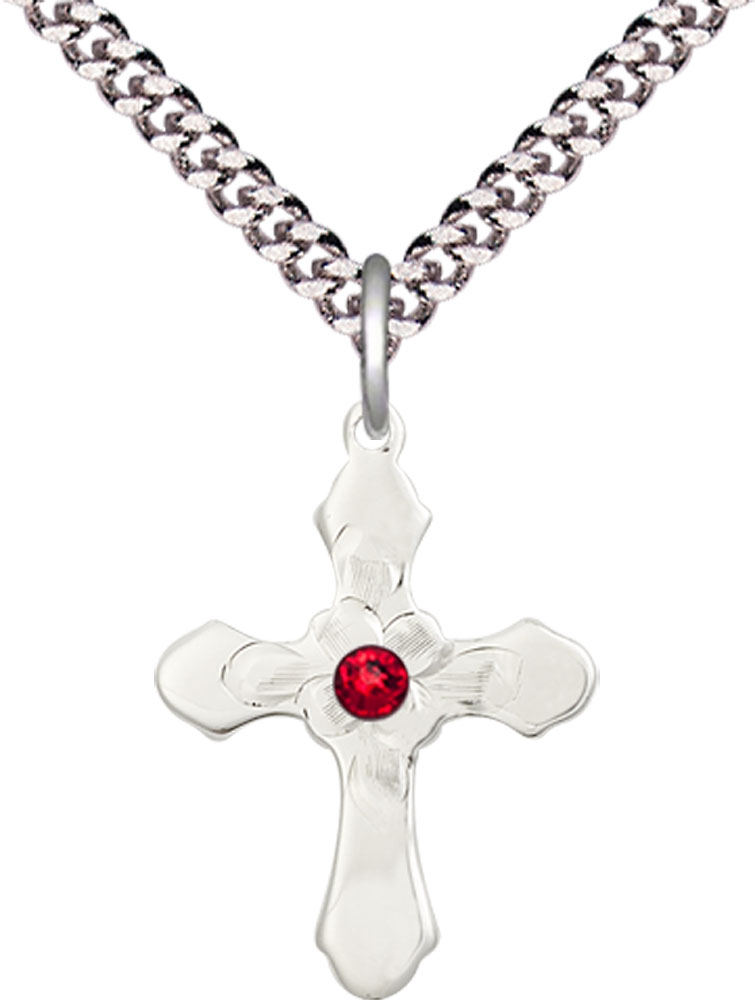 Sterling Silver Cross Pendant with a 3mm Ruby Swarovski stone on a 24 inch Light Rhodium Heavy Curb chain