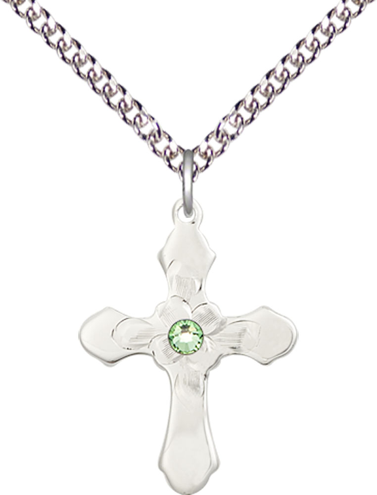 Sterling Silver Cross Pendant with a 3mm Peridot Swarovski stone on a 24 inch Sterling Silver Heavy Curb chain