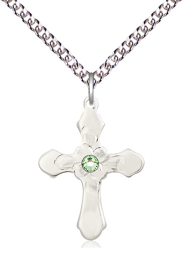 Sterling Silver Cross Pendant with a 3mm Peridot Swarovski stone on a 24 inch Sterling Silver Heavy Curb chain