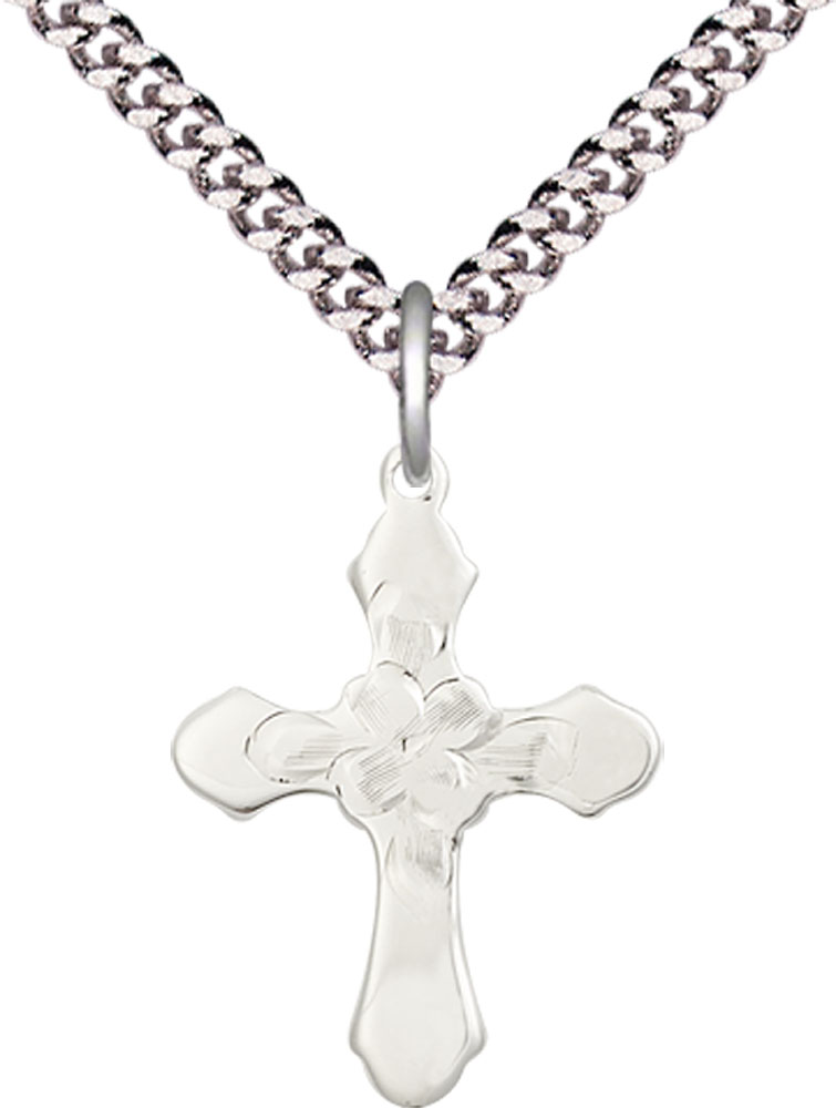 Sterling Silver Cross Pendant on a 24 inch Light Rhodium Heavy Curb chain