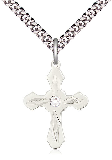 Sterling Silver Cross Pendant with a 3mm Crystal Swarovski stone on a 24 inch Light Rhodium Heavy Curb chain