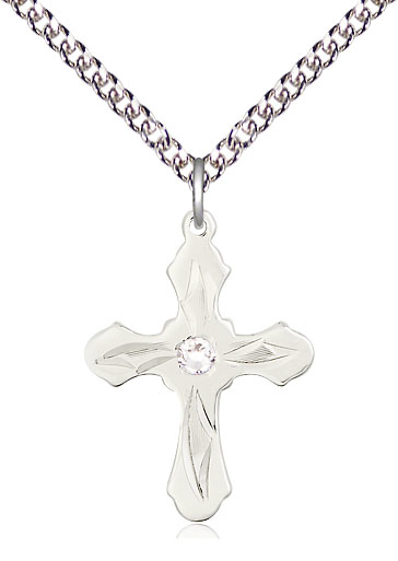 Sterling Silver Cross Pendant with a 3mm Crystal Swarovski stone on a 24 inch Sterling Silver Heavy Curb chain