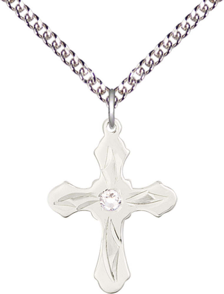 Sterling Silver Cross Pendant with a 3mm Crystal Swarovski stone on a 24 inch Sterling Silver Heavy Curb chain