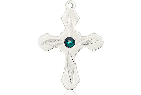 Sterling Silver Cross Medal with a 3mm Emerald Swarovski stone