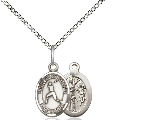 Sterling Silver Saint Christopher Baseball Pendant on a 18 inch Sterling Silver Light Curb chain