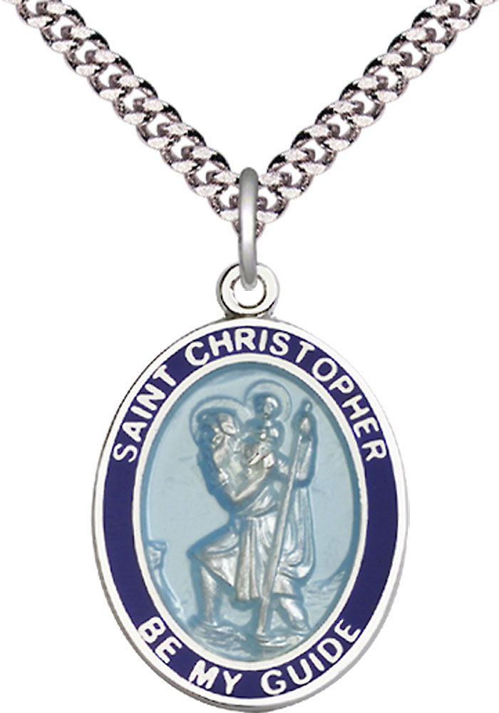 Sterling Silver Saint Christopher Pendant on a 24 inch Light Rhodium Heavy Curb chain