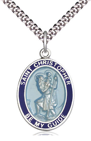 Sterling Silver Saint Christopher Pendant on a 24 inch Light Rhodium Heavy Curb chain