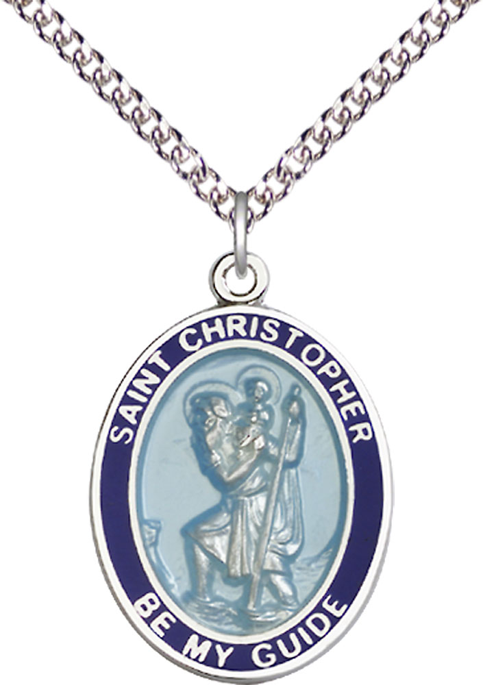 Sterling Silver Saint Christopher Pendant on a 24 inch Sterling Silver Heavy Curb chain