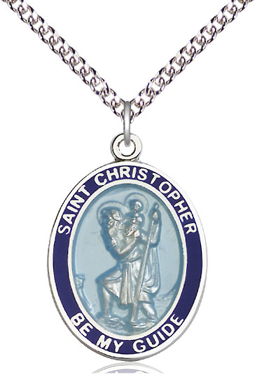 Sterling Silver Saint Christopher Pendant on a 24 inch Sterling Silver Heavy Curb chain