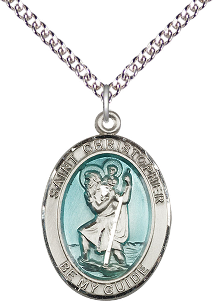 Sterling Silver Saint Christopher w/Epoxy Pendant on a 24 inch Sterling Silver Heavy Curb chain