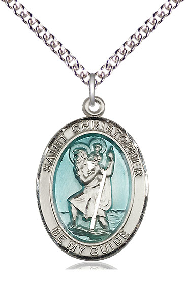 Sterling Silver Saint Christopher w/Epoxy Pendant on a 24 inch Sterling Silver Heavy Curb chain