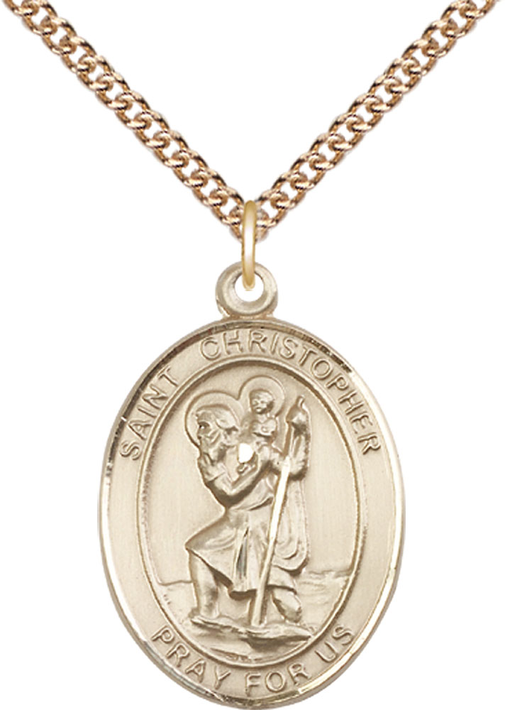 14kt Gold Filled Saint Christopher Pendant on a 24 inch Gold Filled Heavy Curb chain