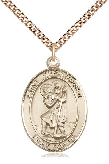 14kt Gold Filled Saint Christopher Pendant on a 24 inch Gold Filled Heavy Curb chain