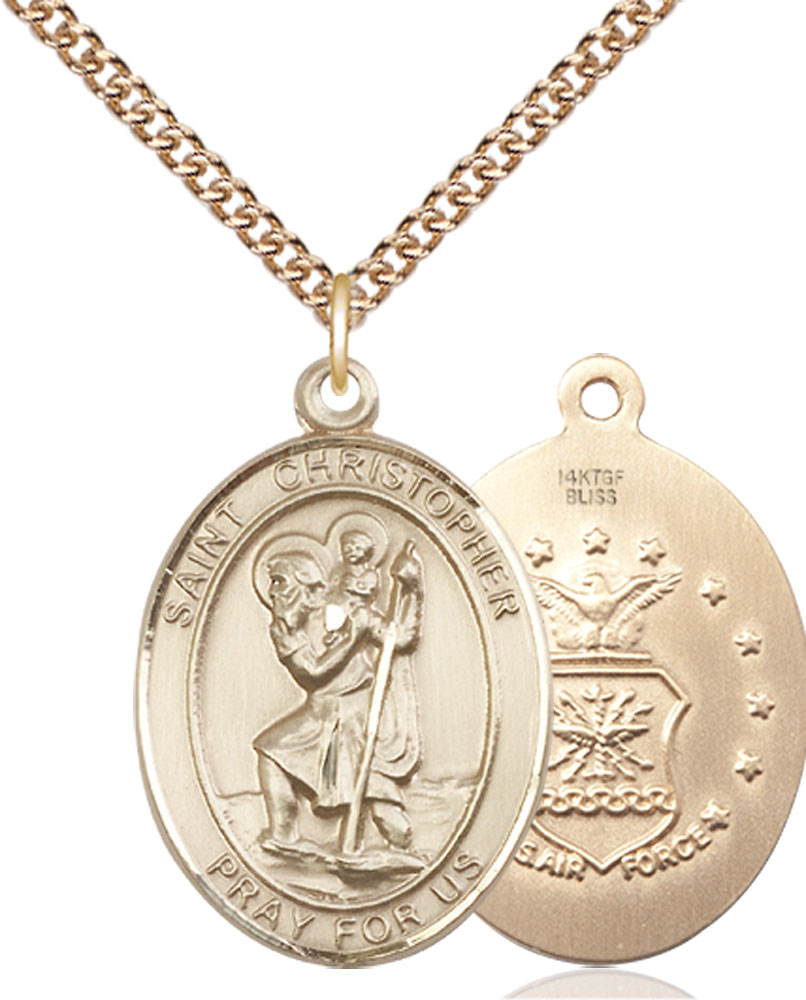 14kt Gold Filled Saint Christopher Air Force Pendant on a 24 inch Gold Filled Heavy Curb chain