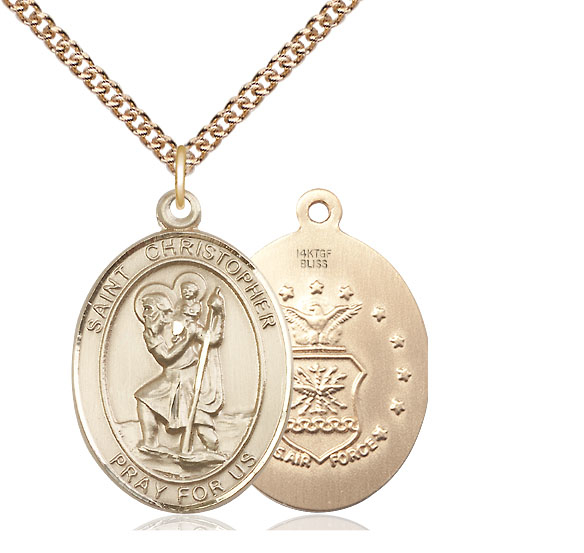 14kt Gold Filled Saint Christopher Air Force Pendant on a 24 inch Gold Filled Heavy Curb chain