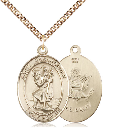 14kt Gold Filled Saint Christopher Army Pendant on a 24 inch Gold Filled Heavy Curb chain