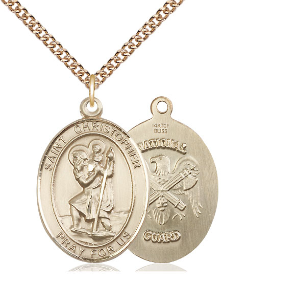 14kt Gold Filled Saint Christopher National Guard Pendant on a 24 inch Gold Filled Heavy Curb chain