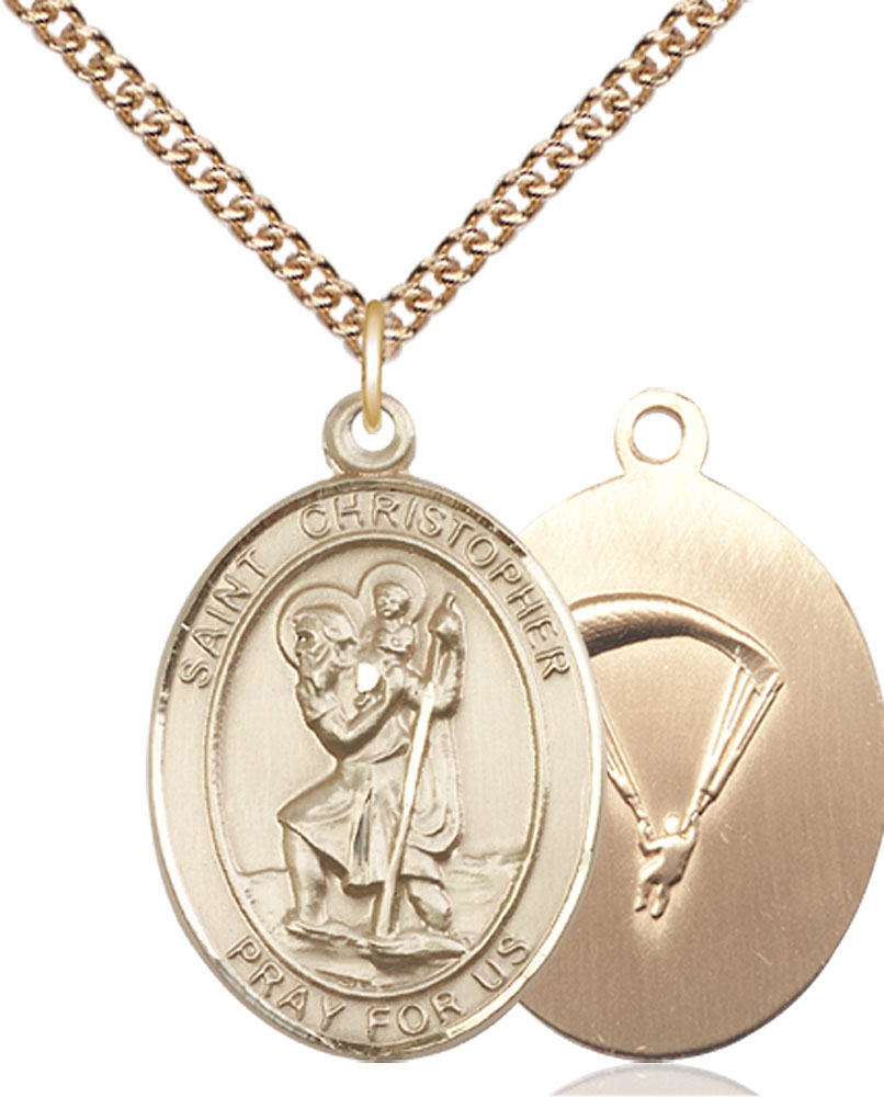 14kt Gold Filled Saint Christopher Paratrooper Pendant on a 24 inch Gold Filled Heavy Curb chain