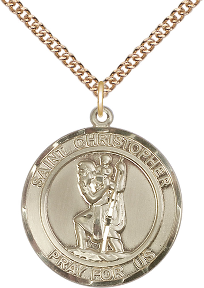 14kt Gold Filled Saint Christopher Pendant on a 24 inch Gold Filled Heavy Curb chain