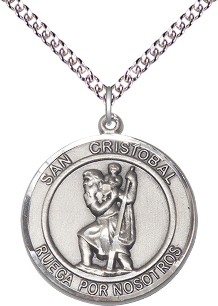 Sterling Silver San Cristobal Pendant on a 24 inch Sterling Silver Heavy Curb chain