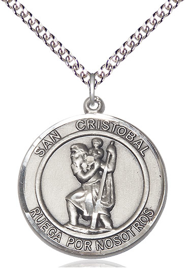 Sterling Silver San Cristobal Pendant on a 24 inch Sterling Silver Heavy Curb chain