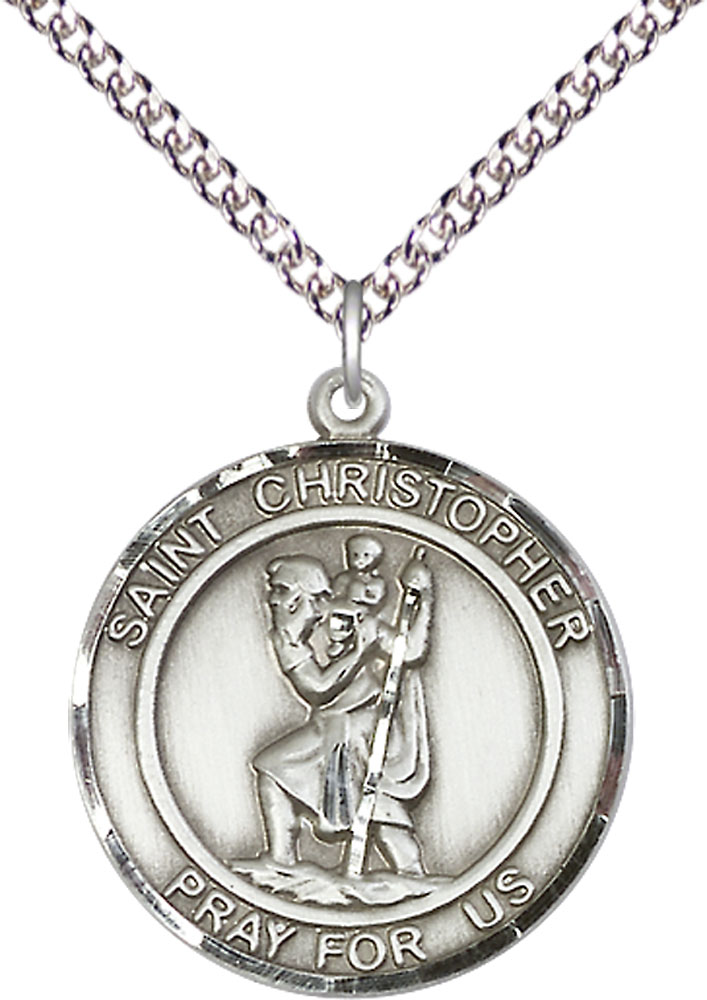 Sterling Silver Saint Christopher Pendant on a 24 inch Sterling Silver Heavy Curb chain