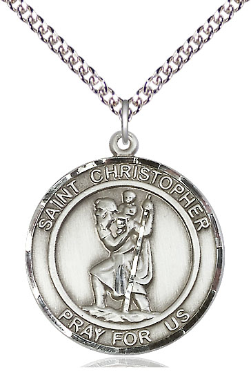 Sterling Silver Saint Christopher Pendant on a 24 inch Sterling Silver Heavy Curb chain